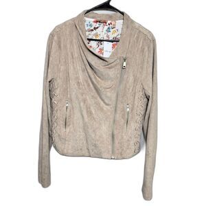 Willow & Root Faux Suede Moto Jacket NWT Lace Up Sides Tan Brown Floral Lining M